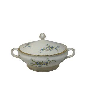 VTG Pope Gosser Fleurette Round Covered Vegetable Dish Blue Floral Gold Trim